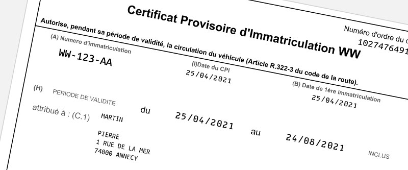 Certificat provisoire d immatriculation "WW"